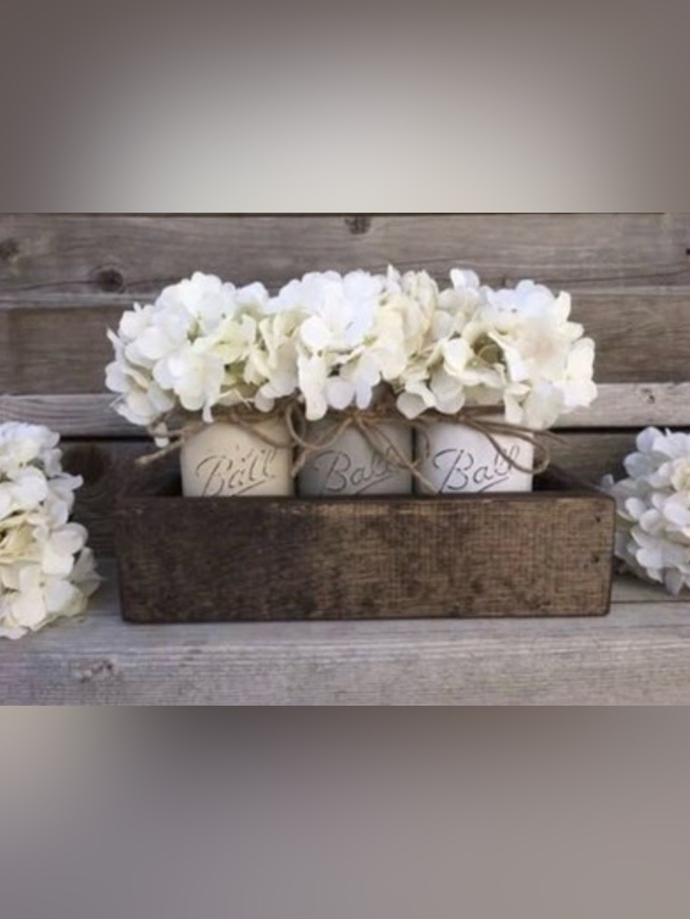 Cream Painted Mason Jar Trio with Faux White Hydrangeas